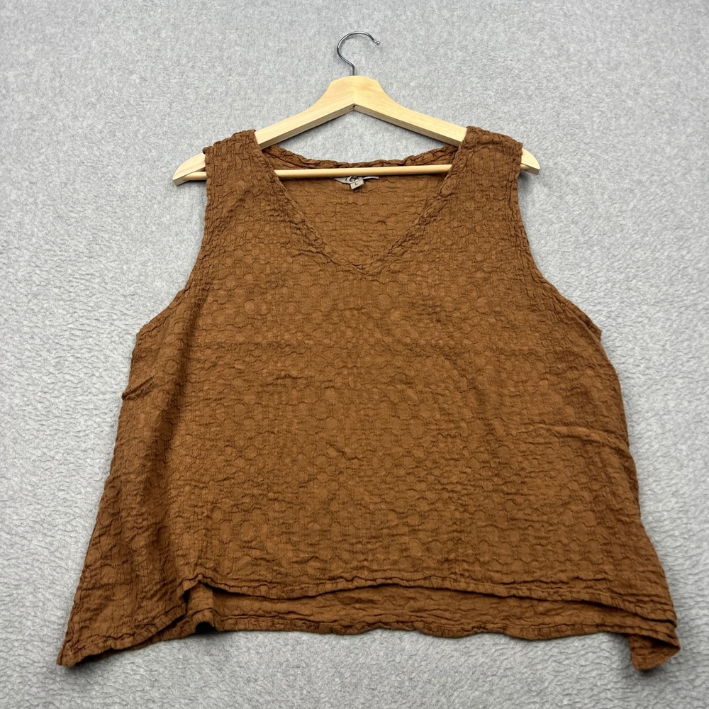 Flax Tank Top Womens Large Brown Textured V-Neck Linen Sleeveless Lagenlook Boho